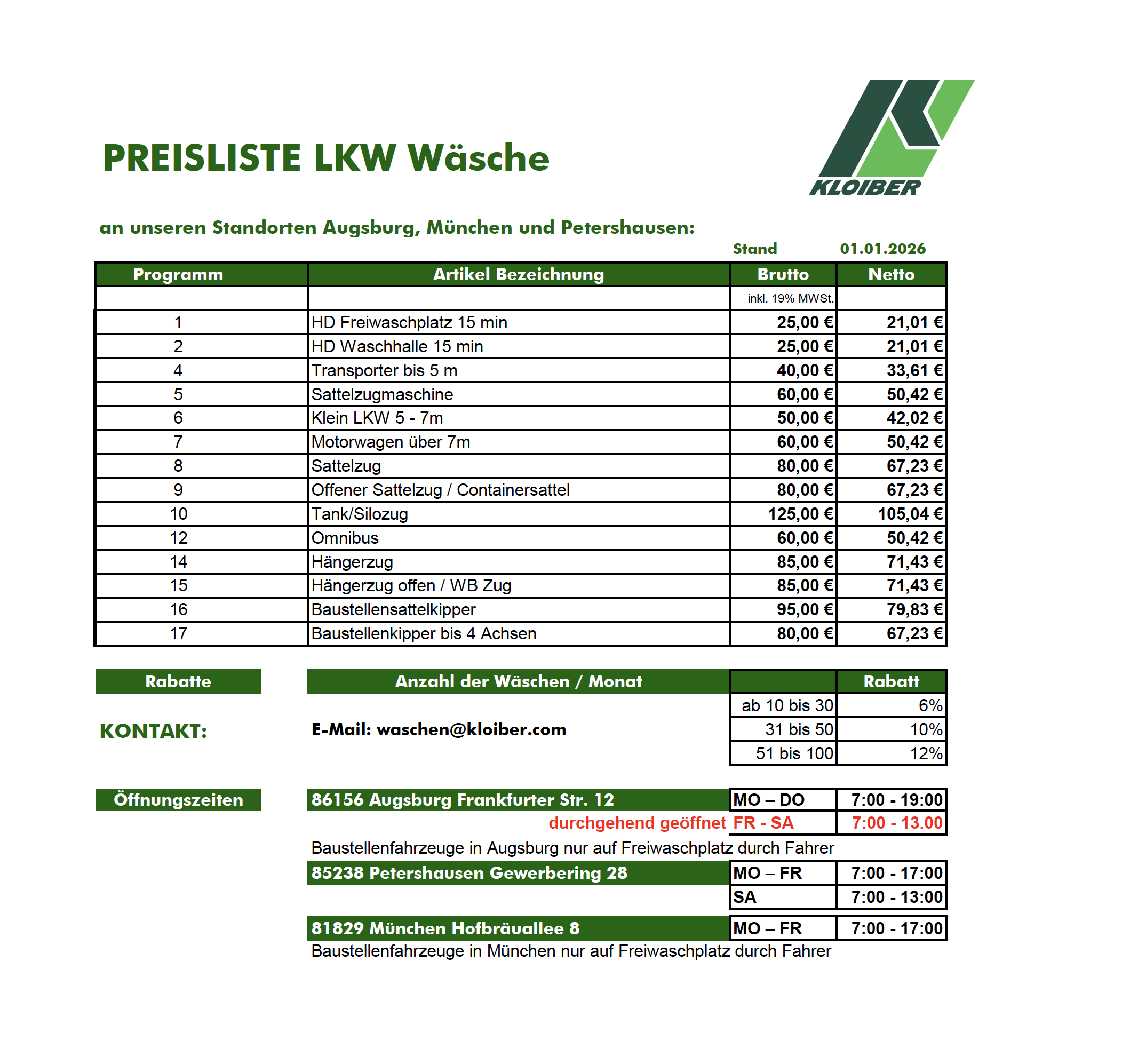 LKW WÄSCHE PREISLISTE 2026